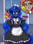  2023 apple apron armwear banana beard blue_body blue_fur blue_hair blush blush_lines chimera claws clothing digital_media_(artwork) discord_(mlp) draconequus duo elbow_gloves equid equine eyebrows eyelashes facial_hair fangs female food friendship_is_magic fruit fur gloves grape grey_body grey_fur hair handwear hasbro headdress hi_res holding_object horn horn_jewelry horn_ring jewelry kneeling long_hair maid_uniform male mammal my_little_pony pineapple plant plate princess_luna_(mlp) red_eyes ribbons ring_(jewelry) semi-anthro shadowreindeer signature smile teeth unicorn uniform 