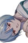  1girl ayanami_rei blue_hair expressionless highres looking_at_viewer neon_genesis_evangelion red_eyes rotated school_uniform short_hair simple_background solo tokyo-3_middle_school_uniform upper_body white_background yosei_bin 