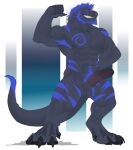  anthro balls beard blue_markings claws dinosaur facial_hair genitals hair male markings muscular nipples penis reptile scalie solo standing tail tail_tuft tuft unknown_artist 