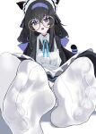  1girl absurdres alternate_costume apron black_hair blue_archive blue_eyes enmaided feet foot_focus foreshortening glasses hairband highres kilabo light_blush long_hair looking_at_viewer maid open_mouth pantyhose soles solo toes ui_(blue_archive) white_pantyhose 