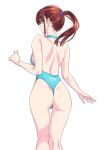  1girl ass bare_shoulders blue_one-piece_swimsuit brown_hair chinatsu_(suzutsuki_kurara) hair_ornament hairclip highres long_hair looking_at_viewer looking_back one-piece_swimsuit original ponytail shiny_skin simple_background standing suzutsuki_kurara swimsuit white_background 