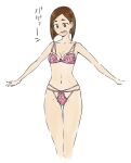  1girl :d a-pose ass_visible_through_thighs blunt_ends blush bob_cut bra breasts brown_eyes brown_hair cleavage collarbone commentary cropped_legs eizouken_ni_wa_te_wo_dasu_na! feet_out_of_frame groin happy henriiku_(ahemaru) inverted_bob lace lace_bra lace_panties lingerie looking_ahead looking_down medium_breasts mizusaki_tsubame navel open_mouth panties pink_bra pink_panties round_teeth short_hair simple_background smile solo string_panties swept_bangs teeth thick_eyebrows thigh_gap translated underwear underwear_only upper_teeth_only white_background 