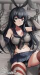  1girl agano_(kancolle) bed black_hair black_neckerchief black_panties blue_eyes blue_sailor_collar blue_skirt bound bound_wrists breasts chain cosplay crop_top eckert&amp;eich elbow_gloves gloves hairband highleg highleg_panties highres kantai_collection large_breasts long_hair lying microskirt miniskirt neckerchief on_back panties parted_lips pillow pleated_skirt sailor_collar shimakaze_(kancolle) shimakaze_(kancolle)_(cosplay) skirt solo striped striped_thighhighs thighhighs twitter_username underwear white_gloves 