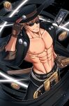  1boy abs adjusting_clothes adjusting_headwear bara bare_pectorals belt blonde_hair card coin feet_out_of_frame fingerless_gloves from_above gloves gold_coin grin guilty_gear guilty_gear_strive hat highres johnny_(guilty_gear) large_pectorals long_hair looking_at_viewer looking_over_eyewear male_focus muscular muscular_male navel nipples oneirio pectorals playing_card smile solo stomach sunglasses v-taper 