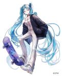  1girl aqua_hair bare_shoulders belt black_coat braid breasts coat commentary_request full_body hatsune_miku jewelry long_hair looking_at_viewer medium_breasts midriff necklace open_clothes open_coat pants pipi shoes simple_background skateboard sneakers solo twintails very_long_hair vocaloid white_background white_belt white_footwear white_pants 