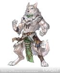  4_toes 5_fingers anthro biped bottomwear canid canine canis claws clothing english_text evertale feet fingers fur hi_res loincloth male mammal official_art simple_background solo tail text toes white_background wolf wolftapioca zigzagame 