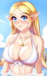  1girl anisdrawn bare_shoulders bikini blonde_hair blue_eyes blue_sky blush breasts cleavage cloud commentary_request day highres large_breasts long_hair looking_at_viewer ocean partially_submerged pink_lips pointy_ears princess_zelda sidelocks sky solo stomach swimsuit the_legend_of_zelda the_legend_of_zelda:_breath_of_the_wild triforce upper_body very_long_hair water white_bikini 