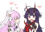  2boys 5rwpvc black_gloves blush closed_eyes closed_mouth cup drinking elysia_(herrscher_of_human:ego)_(honkai_impact) elysia_(honkai_impact) gloves happy heart highres honkai_(series) honkai_impact_3rd horns long_hair multiple_boys purple_eyes purple_hair raiden_mei raiden_mei_(herrscher_of_thunder) simple_background smile very_long_hair white_background white_veil 