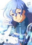  1boy akane_kazami coat dated eiyuu_densetsu gloves hair_between_eyes highres kuro_no_kiseki kuro_no_kiseki_ii looking_at_viewer portrait purple_eyes rion_balthazar signature smile snowflakes solo upper_body white_gloves 