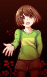  1other :d androgynous arm_behind_back black_background black_pantyhose bob_cut brown_hair brown_shorts chara_(undertale) collarbone commentary cowboy_shot dark english_commentary floating_hair flower gradient_background green_shirt happy long_sleeves looking_at_viewer open_mouth outstretched_arm pantyhose raised_eyebrows reaching reaching_towards_viewer red_background red_eyes red_flower ringed_eyes shirt short_hair shorts single_horizontal_stripe smile solo standing thigh_gap tsumumamire two-tone_shirt undertale wind yellow_shirt 