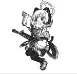 1girl :o animal_ear_headphones animal_ears arm_up assault_rifle blue_archive blush bow cat_ear_headphones cat_ears cat_tail clenched_hand commentary fake_animal_ears ganbarutoufu gun hair_bow halo headphones highres holding holding_gun holding_weapon jacket jumping legs long_sleeves looking_ahead midair momoi_(blue_archive) monochrome necktie open_clothes open_jacket rifle shirt shoes short_hair sidelocks skirt solo suspenders tail thighhighs thighs v-shaped_eyebrows weapon white_background wide_sleeves 