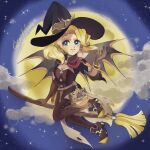  1girl bangle bat_wings blonde_hair blue_eyes book bracelet breasts brooch broom broom_riding candyfists cleavage earrings elbow_gloves full_moon gloves gold_earrings hat high_heels instagram_username jewelry looking_at_viewer mercy_(overwatch) moon night overwatch self-upload star_(sky) thighhighs twitter_username wings witch witch_hat 