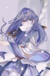  1girl absurdres artist_request asymmetrical_sleeves falling_petals grey_background grey_eyes hair_ornament hair_strand hairpin highres long_hair long_sleeves looking_at_viewer mouth_veil petals purple_hair qinshi_mingyue second-party_source shao_siming_(qin_shi_ming_yue) single_hair_ring solo turning_around upper_body veil 