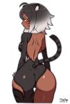  1girl absurdres animal_ears artist_name back blush breasts covered_navel cowboy_shot dark-skinned_female dark_skin dated facial_mark from_behind fur_collar highres large_breasts looking_at_viewer looking_back maydaykiki narrow_waist original pout simple_background single_thighhigh tail thigh_gap thighhighs tiger_ears tiger_girl tiger_tail whisker_markings white_background 