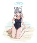  1girl absurdres animal_ear_fluff animal_ears barefoot blue_archive blue_eyes breasts competition_swimsuit feet full_body gawa1517025 grey_hair hair_between_eyes halo highres legs looking_at_viewer medium_breasts mismatched_pupils one-piece_swimsuit parted_lips ponytail shiroko_(blue_archive) shiroko_(swimsuit)_(blue_archive) simple_background sitting solo swimsuit toes water wet 