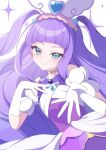  1girl aqua_eyes commentary_request cure_majesty dress elbow_gloves ellee-chan eyelashes gloves hair_ornament happy highres hirogaru_sky!_precure long_hair looking_at_viewer magical_girl nananaya7370 precure purple_dress purple_hair smile solo standing white_background white_gloves 