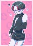  1boy ? aorta_(kyouki_yori_ai_o_komete) black_hair black_sweater blush colored_skin glasses grey_skin highres kyouki_yori_ai_o_komete male_focus meme_attire multicolored_hair ocher_od off-shoulder_sweater off_shoulder open_mouth purple_eyes red_hair short_hair solo sweater virgin_killer_sweater 