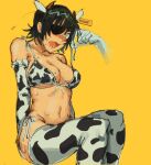  1girl animal_ears animal_print black_hair blush breasts chainsaw_man cow_ears cow_horns cow_print disembodied_limb elbow_gloves eyepatch fake_animal_ears fake_horns gloves himeno_(chainsaw_man) horns large_breasts liowig looking_at_another open_mouth short_hair simple_background sweat thighhighs wavy_mouth yellow_background 