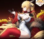  &gt;_&lt; 1girl absurdly_long_hair artist_name azur_lane black_choker black_gloves blonde_hair breasts breasts_apart cape choker cleavage covered_navel dress epaulettes feet_out_of_frame fur-trimmed_cape fur_trim gloves gradient_background half_gloves high_collar large_breasts long_hair microdress nelson_(azur_lane) orange_eyes red_thighhighs retrofit_(azur_lane) simple_background solo sonaworld string string_of_fate taut_clothes taut_dress thighhighs thought_bubble twintails very_long_hair white_dress zettai_ryouiki 