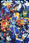  6+boys arm_cannon blue_eyes borezet bright_man commentary_request covered_mouth dive_man drill drill_man dust_man english_text glaring green_eyes helmet injury male_focus mega_man_(character) mega_man_(classic) mega_man_(series) mega_man_4 missile multiple_boys no_humans no_mouth pharaoh_man red_eyes ring_man robot skull_man toad_man weapon 