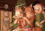  4girls :o alpaca_ears alpaca_suri_(kemono_friends) animal_ears behind_another black_horns blonde_hair bodystocking brown_eyes brown_hair chicha_(chi_cha_rigbo) christmas_tree clock closed_mouth couch cup curly_hair dress empty_eyes fur-trimmed_sleeves fur_collar fur_scarf fur_trim grey_horns hair_between_eyes hair_bun hair_over_one_eye hand_rest highres holding holding_tray horizontal_pupils horns indoors japanese_wolf_(kemono_friends) kemono_friends kemono_friends_3 knitting knitting_needle long_bangs long_hair long_sleeves medium_dress medium_hair miniskirt multicolored_hair multicolored_horns multiple_girls needle on_couch open_mouth ox_ears ox_girl ox_horns ox_tail parted_bangs pointing purple_eyes sailor_collar scarf sheep_(kemono_friends) sheep_ears shirt short_sleeves shorts side-by-side single_hair_bun sitting skirt smile steam sweater_vest tail thighhighs tray very_long_hair walking wall_clock white_hair wolf_ears wolf_girl wolf_tail yak_(kemono_friends) yarn yarn_ball yellow_eyes zettai_ryouiki 