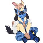  &lt;3 anthro belt blue_body blue_fur boots bottomwear breasts bridget_(guilty_gear) bunbun_(renderedbread) clothing collar cuddling cutoffs denim denim_clothing duo eyeliner female fishnet fluffy fluffy_tail footwear fur generation_4_pokemon hair hi_res j0lt jacket ketzel99 lagomorph leporid lipstick long_hair lucario makeup male male/female mammal medium_breasts nintendo pokemon pokemon_(species) rabbit shorts tail tan_body tan_fur topwear 