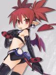  1girl :p ass black_gloves black_panties black_skirt black_thighhighs blush choker cowboy_shot demon_girl demon_tail demon_wings disgaea diszkr2 earrings elbow_gloves etna_(disgaea) flat_chest gloves grey_background highres jewelry looking_at_viewer looking_back microskirt o-ring o-ring_choker panties pointy_ears red_eyes red_hair red_tail red_wings skirt skull_earrings solo tail thighhighs tongue tongue_out underwear wings 