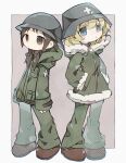  2girls blonde_hair blue_eyes brown_eyes brown_footwear brown_hair chito_(shoujo_shuumatsu_ryokou) full_body fur-trimmed_hood fur-trimmed_jacket fur-trimmed_sleeves fur_trim green_jacket green_pants hands_in_pockets helmet highres hood hooded_jacket jacket long_hair long_sleeves multiple_girls pants shoes shoujo_shuumatsu_ryokou simple_background sleeves_past_wrists soresaki yuuri_(shoujo_shuumatsu_ryokou) 