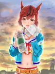  1girl :d absurdres animal_ears belt belt_buckle black_hair blue_jacket bottle brown_eyes brown_hair buckle cloud cloudy_sky crop_top hair_between_eyes hands_up highres holding holding_bottle holding_towel horse_ears jacket looking_at_viewer midriff multicolored_hair navel nice_nature_(run&amp;win)_(umamusume) nice_nature_(umamusume) open_clothes open_jacket orange_belt outdoors roar_yell!_tracen_academy_cheerleading_squad_(umamusume) sailor_collar shirt skirt sky smile solo streaked_hair sunset towel tower umamusume water_bottle white_sailor_collar white_shirt white_skirt yokintsutyo357 