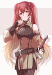  1girl belt belt_buckle black_gloves blonde_hair brown_belt buckle closed_mouth commentary detached_sleeves fingerless_gloves fire_emblem fire_emblem_awakening gloves gradient_hair hair_between_eyes highres holding holding_sword holding_weapon long_hair looking_at_viewer multicolored_hair red_eyes red_hair severa_(fire_emblem) solo sword twintails twitter_username two-tone_hair very_long_hair weapon yutohiroya 