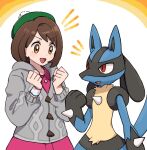  1girl :d bob_cut brown_eyes brown_hair buttons cable_knit cardigan clenched_hands collared_dress commentary_request dress dynamax_band eyelashes gloria_(pokemon) green_headwear grey_cardigan hands_up hat hooded_cardigan looking_down lucario nm222 notice_lines open_mouth pink_dress pokemon pokemon_(creature) pokemon_(game) pokemon_swsh short_hair smile tam_o&#039;_shanter tongue 
