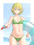  1girl alternate_costume beach bikini blue_eyes breasts commentary day dungeon_ni_deai_wo_motomeru_no_wa_machigatteiru_darou_ka elf green_bikini green_hair highres holding holding_innertube holding_water_gun innertube looking_at_viewer medium_breasts navel niceumeboshi ocean outdoors parted_lips pointy_ears ryu_lion short_hair smile solo standing swimsuit water water_gun wet 