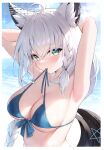  1girl absurdres ahoge animal_ear_fluff animal_ears armpits arms_behind_head arms_up ayamy bikini blue_eyes blue_sky blush braid breasts character_name cloud cloudy_sky day earrings highres holding hololive jewelry long_hair looking_at_viewer medium_breasts mouth_hold ocean outdoors scan shirakami_fubuki simple_background single_braid sky solo swimsuit upper_body virtual_youtuber water white_hair 
