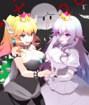  #yuki# 2girls armlet bare_shoulders black_leotard blonde_hair blood blue_eyes boo_(mario) bowsette bracelet breasts character_name cleavage clenched_teeth collar covered_navel crown dated dress earrings elbow_gloves gloves gradient_background hair_between_eyes hand_on_own_hip highres horns jewelry large_breasts leotard long_hair looking_at_viewer mario_(series) multiple_girls new_super_mario_bros._u_deluxe nosebleed open_mouth personification pointy_ears ponytail princess_king_boo red_eyes sharp_teeth short_hair smile spiked_armlet spiked_bracelet spiked_collar spikes super_crown teeth tongue tongue_out white_background white_dress white_gloves white_hair 