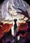  1boy a_wako26 absurdres black_jacket black_necktie boku_no_hero_academia cape collared_shirt disembodied_limb fur-trimmed_cape fur_trim grin highres jacket long_hair looking_at_viewer necktie prosthetic_fingers red_cape red_eyes scar scar_on_face shigaraki_tomura shirt smile solo teeth white_hair white_shirt wrinkled_skin 