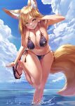  1girl absurdres animal_ear_fluff animal_ears arm_up bikini blonde_hair breasts cleavage cloud cloudy_sky dripping floral_print fox_ears fox_girl fox_tail halterneck highres kazuki_seihou large_breasts looking_at_viewer navel outdoors sandals side-tie_bikini_bottom skindentation sky solo standing standing_on_one_leg swept_bangs swimsuit tail tassel touka_(kazuki_seihou) water wet yellow_eyes 