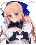  1girl ? ahoge artoria_caster_(fate) artoria_caster_(third_ascension)_(fate) artoria_pendragon_(fate) black_gloves blonde_hair blue_ribbon blush bracelet breasts dress facial_mark fate/grand_order fate_(series) forehead_mark gloves green_eyes hair_ribbon heart heart_hands highres jewelry long_hair long_sleeves looking_at_viewer ribbon small_breasts twintails uxco0 white_dress 