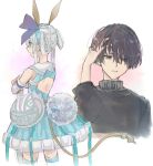  1boy 1girl animal_ears atelier_(series) atelier_sophie_2 back_cutout bare_shoulders black_hair blue_dress blue_eyes blue_hairband clothing_cutout crossed_arms detached_sleeves diebold_lewerenz dress eyes_visible_through_hair fake_animal_ears fake_tail grey_eyes grey_hair hair_rings hairband hand_in_own_hair hani_(udauda) legs_apart long_hair open_mouth plachta purple_ribbon rabbit_ears rabbit_tail ribbon simple_background standing tail thighs turtleneck white_background white_sleeves 