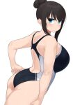  1girl ass black_hair black_one-piece_swimsuit blue_eyes blush breast_focus breasts competition_swimsuit hair_bun highres huge_breasts iwami_sayaka looking_at_viewer omizu_(h2o) one-piece_swimsuit original sidelocks simple_background single_hair_bun solo standing swimsuit white_background 
