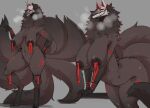  2023 absurd_res anthro arched_back areola bent_over big_breasts biped black_areola black_body black_fur bodily_fluids breasts breath_cloud canid canine claws demon digital_media_(artwork) digitigrade female finger_claws fox fox_spirit fur genitals grey_background hi_res lvlirror mammal markings mask multi_tail multicolored_body multicolored_fur neck_tuft paws pussy red_claws red_markings saliva simple_background solo standing tail thick_thighs toe_claws tuft wide_hips 