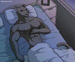  abs alkan anthro bed bedding bedroom big_pecs black_body black_fur clothed clothing felid fur furniture leopard lucas(character) male mammal muscular muscular_anthro muscular_male navel nipples pantherine pecs sleeping solo topless topless_male 