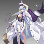  1girl armpits azur_lane blue_butterfly breasts bug butterfly cleavage cleavage_cutout clothing_cutout floral_print_kimono hair_over_one_eye hand_up highres japanese_clothes kimono large_breasts long_hair long_sleeves multicolored_hair ouka_(sakura_oinari) print_kimono side_slit streaked_hair unzen_(azur_lane) 