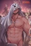  1boy abs avenger_(dungeon_and_fighter) bara bare_pectorals beard cloak cowboy_shot cross cross_necklace dungeon_and_fighter facial_hair ghost_costume ghost_print groin halloween_costume highres jewelry kulolin large_pectorals looking_at_viewer male_focus male_priest_(dungeon_and_fighter) male_pubic_hair mature_male muscular muscular_male naked_cloak navel necklace nipples pectorals priest_(dungeon_and_fighter) pubic_hair pubic_hair_peek red_eyes seductive_smile short_hair smile smirk solo stomach undressing 