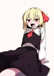  1girl ascot black_skirt black_vest blonde_hair blush hair_ribbon highres kameyan neck_bobbles on_floor open_mouth red_ascot red_eyes ribbon rumia scot sharp_teeth shirt short_hair simple_background skirt solo teeth touhou vest white_background white_shirt 