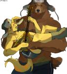  2023 anthro bear biped bird_dog blep bottomwear bridal_carry brown_body brown_fur canid canine canis carrying carrying_another carrying_partner clothing cross cross_necklace domestic_dog duo front_view fur golden_retriever guitar half-closed_eyes hat headgear headwear hi_res holding_guitar hunting_dog jewelry looking_at_another male mammal musical_instrument narrowed_eyes necklace nipples pecs plucked_string_instrument portrait red_star retriever russian shirtless shorts simple_background standing string_instrument thesmilingbox three-quarter_portrait tongue tongue_out ushanka v-cut white_background yellow_body yellow_fur 