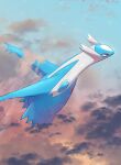  above_clouds absurdres cloud commentary_request flying from_side highres latios no_humans nullma outdoors pokemon pokemon_(creature) red_eyes signature solo twilight 