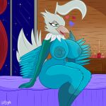  &lt;3 2023 absurd_res anthro avian beak bed bedroom_eyes big_breasts big_butt bird blue_body blue_feathers breasts butt candle chatot colty8 detailed_background feathers female furniture generation_4_pokemon green_eyes hi_res huge_breasts musical_note narrowed_eyes nintendo nipples nude on_bed open_beak open_mouth pokemon pokemon_(species) seductive sitting sitting_on_bed small_waist smile solo tail_feathers thick_thighs white_body white_feathers wide_hips window wings 