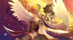  1boy absurdres angel angel_wings blue_eyes brown_hair cloud dual_wielding feathered_wings highres holding kid_icarus kid_icarus_uprising laurel_crown looking_at_viewer male_focus pit_(kid_icarus) scarvii sky solo wings 