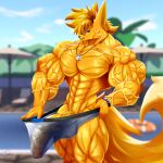  abs anthro beach beach_chair biceps big_muscles big_penis blonde_hair blurred_background bottomwear bracelet canid canine clothed clothing dog_tags erection erection_under_clothing fennec fox fur genitals hair hi_res huge_biceps huge_muscles huge_triceps jewelry long_tail looking_at_viewer male mammal mostly_nude muscular muscular_anthro muscular_male muscular_thighs necklace obliques palm_tree parasol partially_clothed penis plant purple_eyes seaside sky solo standing taiko-sihori tail tenting thick_thighs topless tree tugging_clothing vein veiny_arms veiny_muscles veiny_penis yellow_body yellow_fur 