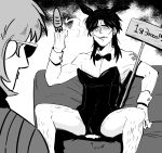  2boys absurdres animal_ears arm_tattoo bow bowtie carrot cigarette closed_mouth commentary_request couch crossdressing detached_collar fake_animal_ears greyscale highres hyoudou_kazuya inudori itou_kaiji kaiji leotard long_hair male_focus male_playboy_bunny middle_finger monochrome multiple_boys number_tattoo open_mouth parted_bangs rabbit_ears scar scar_on_cheek scar_on_face sign sitting smoking strapless strapless_leotard sunglasses tattoo 
